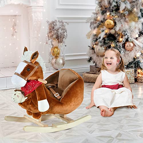 Qaba Kids Ride-On Rocking Horse Toy Rocker with Fun Song Music & Soft Plush Fabric for Children 18-36 Months, Brown