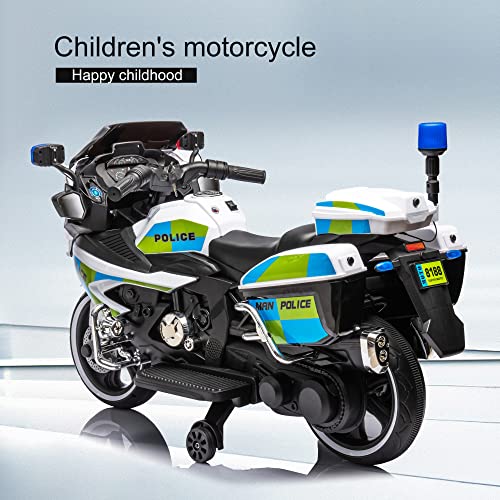 Kids Ride on Motorcycle,12V Toddler Motorized Ride on Toys,Police Electric Motorcycle with Training Wheels,Forward/Reverse,Alarm Lights,Power Display,USB,Music,for Kids 3-8 Years,Boys,Child (White)