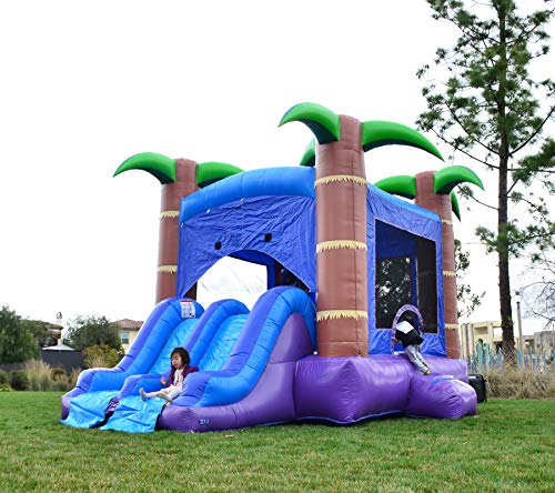 HeroKiddo Tropical Breeze Inflatable Bouncer with Dual Slides 100% Commercial PVC Vinyl (Blower Included), Purple/Blue/Green/Brown- Without Pool, 13'x17'