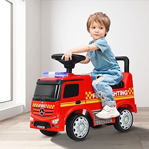 OLAKIDS Kids Push and Ride Racer, Licensed Mercedes Benz Foot-to-Floor Sliding Fire Truck with Horn, Headlights, Under Seat Storage, Ride On Toy Car Walker Gift for Toddlers Ages 1.5-3 Boys Girls