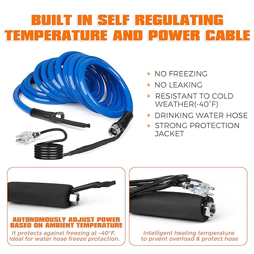 SZFY Heated Water Hose for RV,Heated Drinking Water Hose with Thermostat,Lead and BPA Free,1/2" Inner Diameter,Temperatures Down to -40°F Self-Regulating,Blue Appearance(15FT)