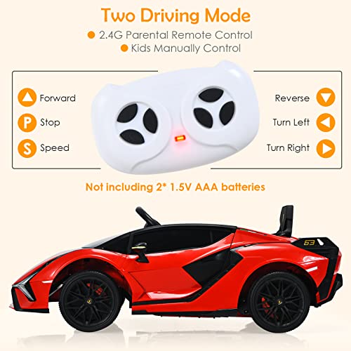 OLAKIDS Kids 12V Licensed Lamborghini SIAN Ride On Car, Electric Vehicle for Toddler with Control Remote, Battery Powered Toy with Music, Horn, 2 Speeds, Suspension, LED Lights, Bluetooth, USB (Red)