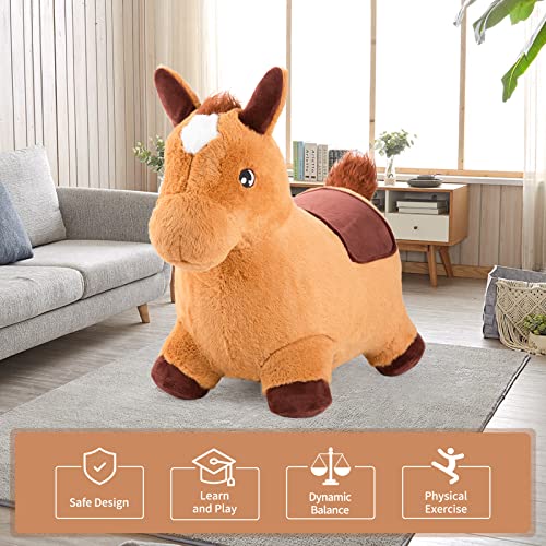 INPANY Bouncy Horse for Toddlers - Plush Brown Bouncing Horse Hopper, Ride on Animal Toys for Girls Boys, Outdoor Indoor Inflatable Horse Gifts - Plush Covered (Include Pump)