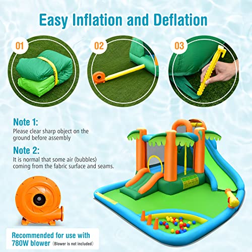 Costzon Inflatable Water Slide Bounce House, 7 in 1 Water Slides for Kids Backyard w/Climbing, Basketball Rim, Splash Pool, Water Cannon, Inflatable Water Park w/Accessories (Without Blower)