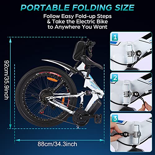 26 inch Folding Electric Mountain Bike for Adults Commuting Electric Bike with 36V 8AH Lithium-Ion Battery 250W Motor 21 Speed Gear & 3 Working Mode Electric Bike E-Bike (White)