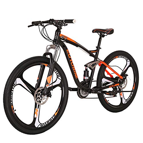 OBK 27.5 Inch Mens Mountain Bike Steel Frame 21 Speed Full Suspension Bicycle for Adult Men or Women (3-Spoke Wheels Orange)