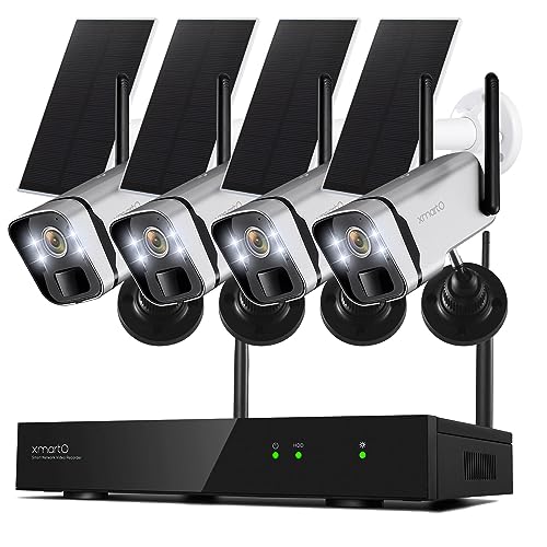 XMARTO 100% Wire-Free Solar Home Security Camera System Wireless, 4-Set 2K 4MP QHD CCTV Camera Kit with 4K 10CH Expandable WiFi NVR and Past 90-Day Video Storage, All-Weather Solar Charge (SES-2K104)