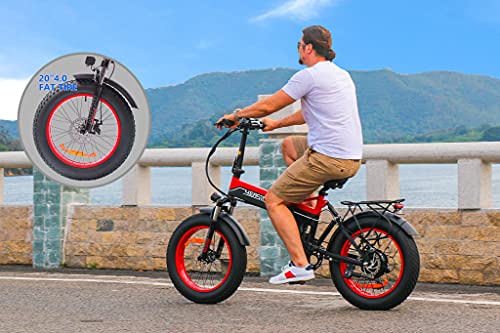 YEASION 1000W Fat Tire Electric Bike for Adults 48V/14Ah Removable Battery 20“ 4.0 Folding Electric Bike Snow Beach Mountain Ebike for Women and Men Red Black