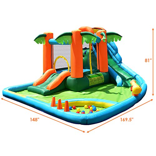 GOFLAME 7 in 1 Inflatable Water Slide, Jungle Theme Inflatable Bounce House with Two Slides, Jumping Area, Large Splash Pool, Water Cannon, Water Slide Pool Water Park for Kids (Without Blower)