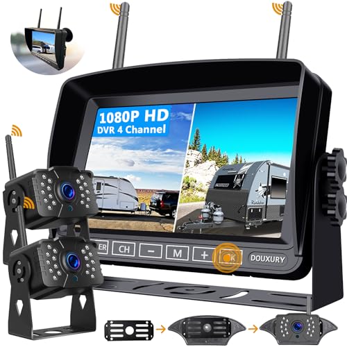 FHD 1080P 2 Digital RV Wireless Reversing Camera System for RVs Trailers Trucks Motorhomes 5th Wheels 4CH 7'' Monitor Highway Monitoring System IP69K Waterproof Super Night Vision Strong Signal