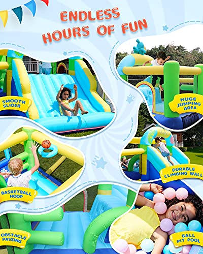 AirMyFun Bounce House with Blower, Inflatable Jump Bouncy Castle for Kids, with Wide Slide, Ball Pool for Backyard Play & Party Fun, A82031