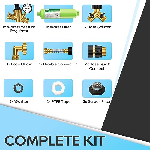RVGUARD RV Water Pressure Regulator Kit, Inline Water Filter NSF Certified, Hose Splitter, Flexible Connector, Hose Quick Connect, Complete Kit for Fresh Water Hook Up