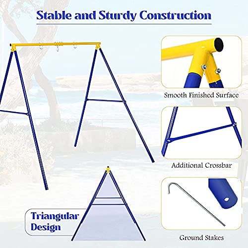 Costzon 550lbs Swing Frame Stand with 40'' Saucer Swing, A-Frame Swing Sets for Backyard w/Ground Stakes and Adjustable Ropes, Great for Indoor Outdoor Kids (Swing Frame with Saucer Round Swing)