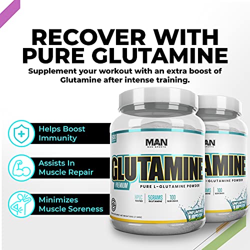 Man Sports Glutamine Powder 500 Grams - Ultra Pure Unflavored L-Glutamine for Muscle Recovery, Repair, and Immunity - Clean Formula, No Additives, Hand-Crafted and Hand-Bottled - 100 Servings