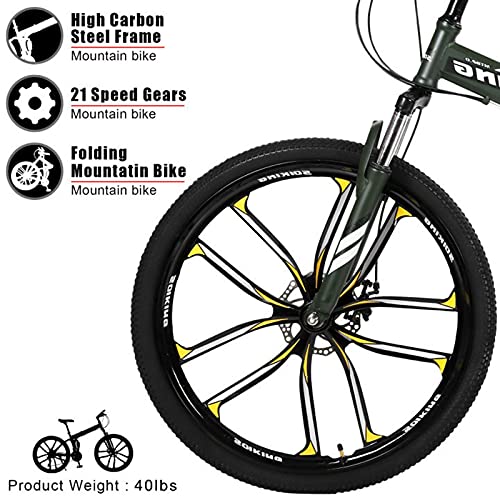 26 inch 21 Speed Folding Mountain Bike for Adults, Non-Slip Mountain Bikes with Dual Disc Brakes & Full Suspension, High-Carbon Steel MTB Mountain Bike City Cruiser Bicycle for Men & Women