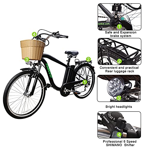 NAKTO 26'' Electric Bike for Adult, Cargo Electric Bicycle Camel Style, 250W/350W Brushless Motor and 10.5Ah Removable Lithium Battery| Commuting Essentials (Free Basket and Lock) (Black, 250W-Men)