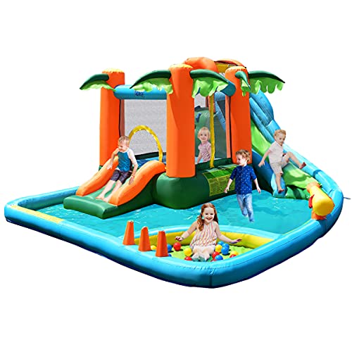 GOFLAME 7 in 1 Inflatable Water Slide, Jungle Theme Inflatable Bounce House with Two Slides, Jumping Area, Large Splash Pool, Water Cannon, Water Slide Pool Water Park for Kids (Without Blower)