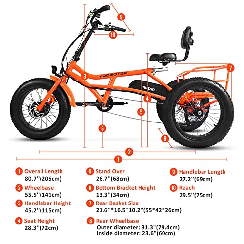 Addmotor Motan M-360 Electric Trike, Adult 3 Wheel Electric Bicycle 750W 48V 17.5Ah Lithium Battery, Holds Up to 350 lbs, Semi-recumbent Electric Tricycles With Shimano 7 Speeds+Rear Bike Bag (Orange)