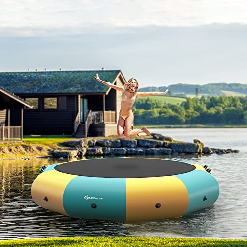 Goplus Inflatable Water Trampoline, 10FT/12FT/15FT Recreational Water Bouncer w/ Electric Inflator, Rope Ladder, Mooring Ropes & Anchor, Portable Bounce Swim Platform for Lakes, Pools, Calm Sea