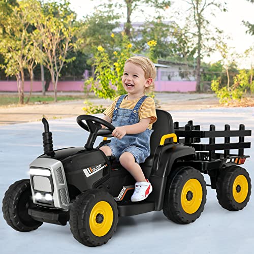 HONEY JOY Ride On Tractor with Trailer, 12V Electric Vehicle for Kids, 3-Gear-Shift Ground Loader, LED Lights, Horn, Music, Battery Powered Ride On Car with Remote Control, Gift for Boys Girls(Black)