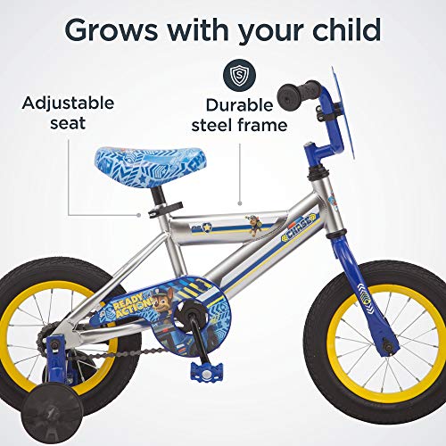 Nickelodeon Paw Patrol Bicycle for Kids, Featuring Chase on a Silver Steel Frame, Includes Training Wheels, 12-Inch Wheels