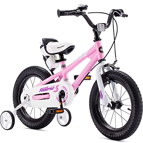 RoyalBaby Boys Girls Kids Bike 14 Inch BMX Freestyle 2 Handle Brakes Bicycles with Training Wheels Children Bicycle Pink