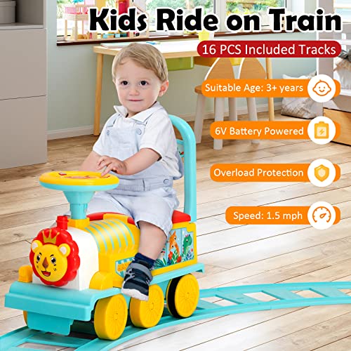 HONEY JOY Ride On Train with Tracks, 6V Battery Powered Electric Ride On Toy for Kids, 16 PCS Tracks, Flashing Lights & Music, Storage Seat, Playable Without Tracks, Gift for Boys Girls (Blue)