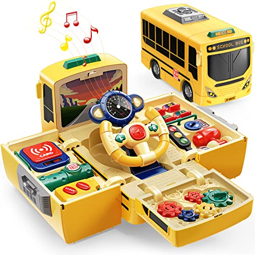 Geyiie School Bus Toys, Bus Toys with Sounds and Lights, Push Pull Toy Transforming Cars, Steering Wheel Driving Toys for Preschool Pretend Play Car Toys Party Gifts for Toddler Boys Girls 3-5