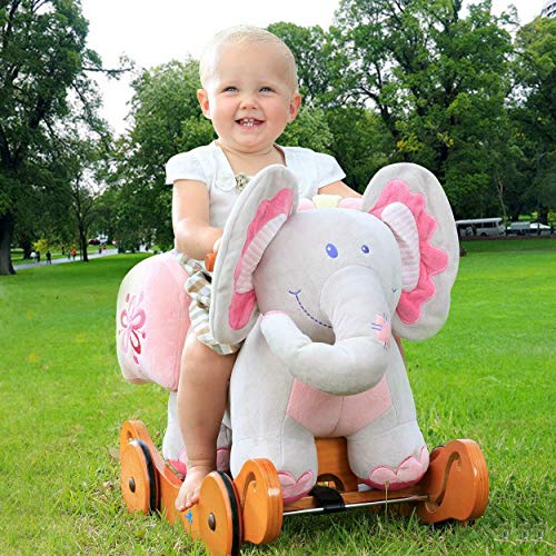 labebe - Plush Rocking Horse, Pink Ride Elephant, Stuffed Rocker Toy for Child 1-3 Year Old, Kid Ride On Toy Wooden, 2 In 1 Rocking Animal with Wheel for Infant/Toddler(Girl&Boy),Nursery Birthday Gift