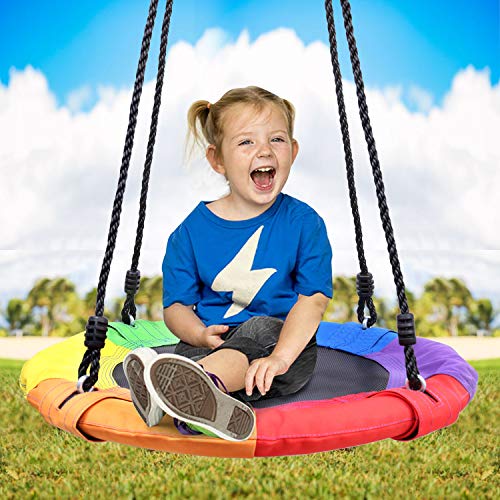 Odoland 24 inch Children Tree Swing, Outdoor Small Saucer Swing Platform Swing for Kid, Round Flying Swing wirh Adjustable Hanging Ropes for Backyard, 220lb Weight Capacity Great for 1-2 Kids