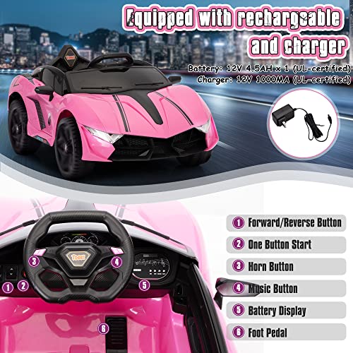 TOBBI 12V Kids Electric Ride On Sports Car Toy w/ 3 Speeds Parent Remote Control, Battery Powered Motorized Vehicle Cars for Kids Aged 3-6 w/Music Horn Power Display, Pink