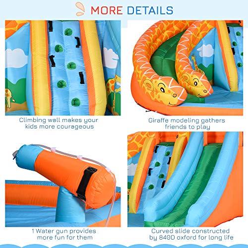 Outsunny Giraffe Style Kids Water Slide 4 in 1 Inflatable Bounce House Slide Pool Gun Climbing Wall with Air Blower for Summer Playland