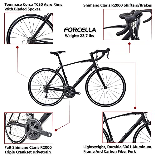 Tommaso Forcella Endurance Aluminum Road Bike, Carbon Fork, Shimano Claris R2000, 24 Speeds, Aero Wheels - Matte Black - Medium