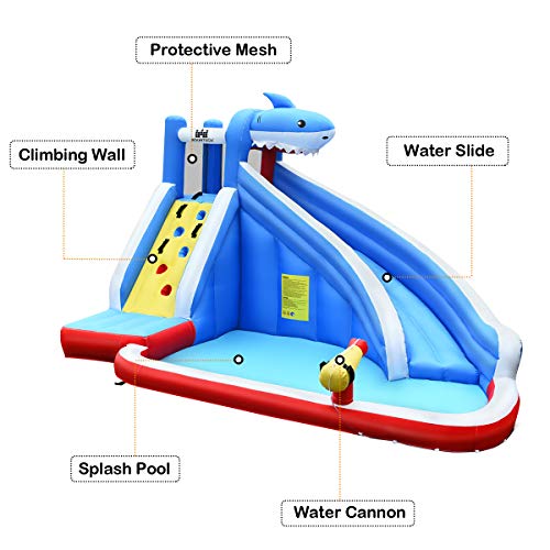 BOUNTECH Inflatable Water Slide, Shark Themed Water Slides for Kids Backyard w/Long Slide, Climbing Wall, Splashing Pool, Water Cannon, Indoor Outdoor Water Park w/Accessories (Without Blower)