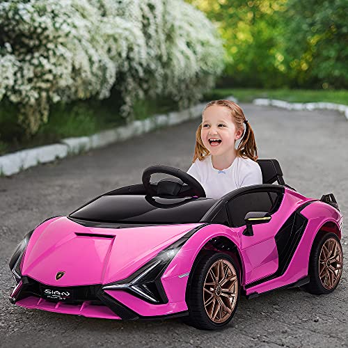 Aosom Lamborghini Licensed Kids Ride On Car, 12V Battery Powered Electric Sports Car Toy with Remote Control, Horn, Music, & Headlights for 3-5 Years Old, Pink