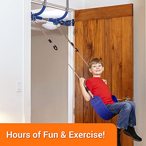 Gym 1 Deluxe Doorway Swing Set – All-in-One Indoor Gym and Playground for Kids and Adults – Two Attachments for Fun and Fitness Indoors: Pull-Up Bar and Plastic Swing – Color: Blue