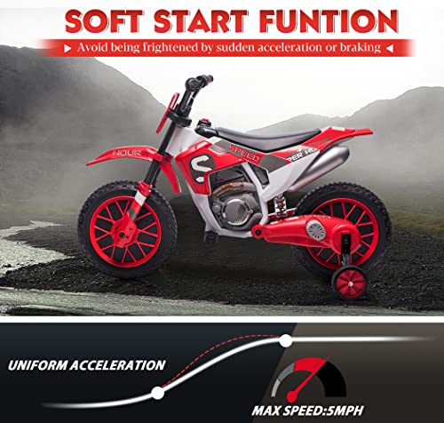 TOBBI 12V Electric Motorcycle for Kids Dirt Bike Ride on Toy Battery Powered Motorbike Off-Road Motocross w/ 2 Speeds, 35W Dual Motors, Training Wheels, Red