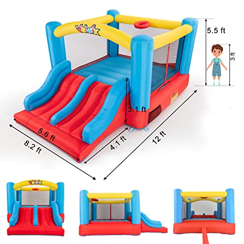 Valwix Indoor Outdoor Inflatable Bounce House with Blower for 3-10 yr Kids, Bouncy Castle w/ Double Slide, Large Bounce Area w/ Basketball Hoop, 300 LBS Capacity