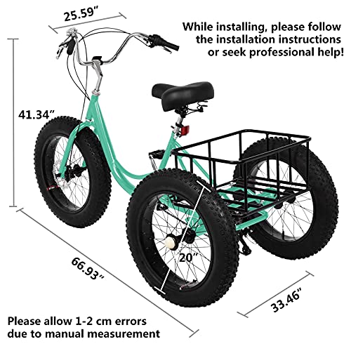 Ongmies Adult Tricycle Bikes Fat tire 20" with Basket, 3 Wheels 1/7 Speed Cruise Trike, for Shopping, with Installation Tools, Comfortable Bicycles, for Men Women,max Load 350 lbs (Mint Green-20)