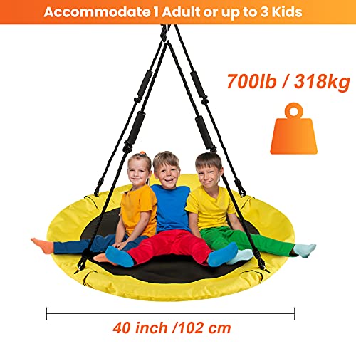 Saucer Tree Swing for Kids, LITTLELOGIQ 40 Inch Outdoor Swing Sets for Backyard, Round Flying Swing with 2 Hanging Straps, 700lb Capacity, Adjustable Ropes, Easy Setup, for Adults & Kids - Yellow