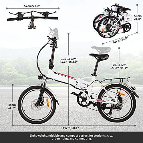 20" Folding Electric Bike with Removable Large Capacity Lithium-Ion Battery (36V 250W), Electric Bicycle 7 Speed Gear and Three Working Modes (White, 20 inch)