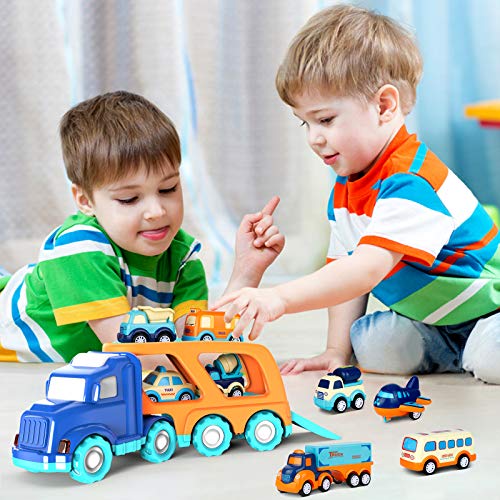 9 Pack Cars Toys for 2 3 4 5 Years Old Toddlers Boys & Girls Gift, Big Transport Truck with 8 Small Cute Pull Back Trucks, Carrier Truck with Sound & Light 13.5 * 5.5 inch, 2.5 * 1.6 inch