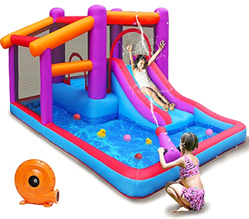 TiliKuly Kids Inflatable Bounce House with 450w Blower Inflatable Water Slides Bouncy House for Kids Outdoor Spray Water Pool Purple Jumping Bounce Castle Party Backyard Kid Inflatable Bouncers House