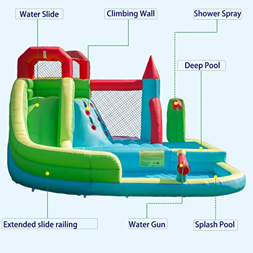 HIJOFUN Inflatable Water Slide for Kids and Adults,6-in-1 Bounce House with Waterslide Park,Air Blower,Deep Pool,Splash Pool,Water Cannon,Climbing Wall and Jumping Bouncer for Backyard Outdoor