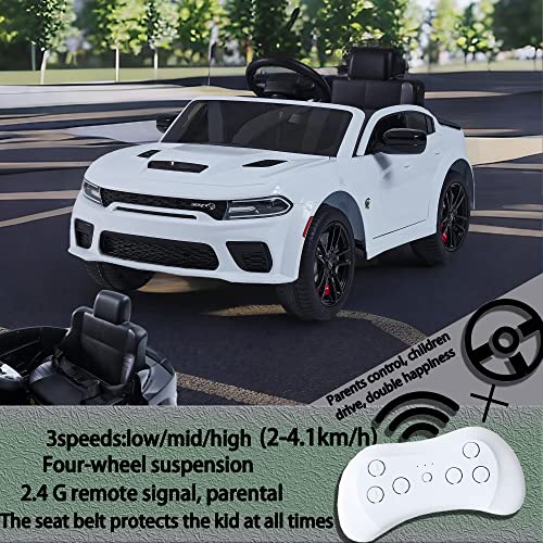 12V Kids Ride on Car Licensed Dodge Kids Electric Vehicle Toy, Battery Powered Toy Electric Car w/Remote Control, MP3, Bluetooth, LED Light, Ride On Toy w/3 Speeds and Suspension System, White
