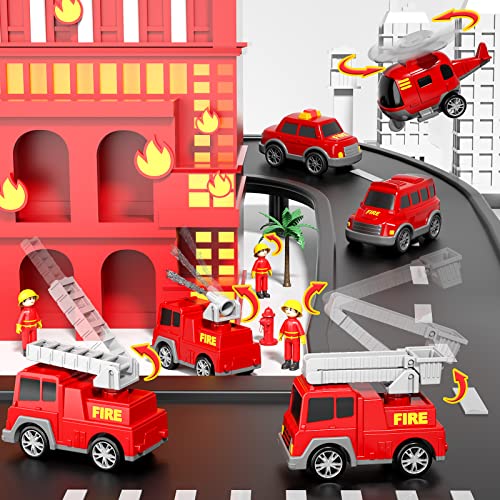 Fire Truck Toys for Toddlers 3 4 5 6 Years Old, 7 in 1 Truck Friction Power Toy Car, Fire Rescue Truck, Ladder Truck, Helicopter and Sprinkler, Christmas Birthday Gifts for Boys & Girls 3-5 Years Old