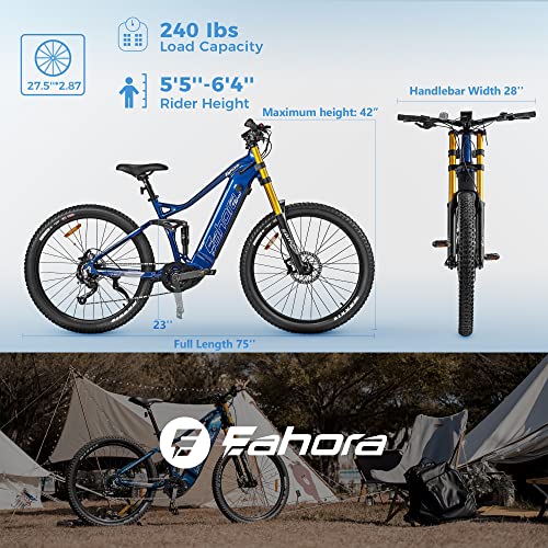eAhora ACE 27Mph Electric Bike BAFANG 500W MID-Drive Motor 16AH Built-in Waterproof Battery Electric Mountain Bike 27.5'' Hydraulic Brakes, BAFANG Color Display, Shimano 9-Speed Gears