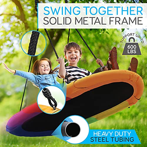 SereneLife Surf Saucer Tree Swing - Kids Outdoor Tree Hanging Giant Saucer Platform for Playground Playroom or Backyard w/ Rope Straps, Cushion Padded Metal Frame - SereneLife SLSOVSWNG55RB (Rainbow)