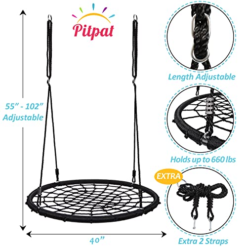 Pitpat 40" Spider Swing with 4 Ropes Adjustable from 55" to 102", Web Swing for Kids MAX 440 Lbs Load and Stainless Steel Frame, Outdoor Large Web Swings for Tree (Black)