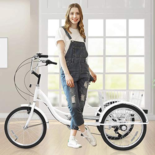 Ongmies Adult Tricycle Bikes 20" with Basket, 3 Wheels Cruise Trike, 1/7 Speed 3-Wheel for Shopping, with Installation Tools, Comfortable Bicycles, for Men and Women, load capacity 330 lbs (White-20”)
